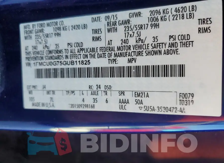 1FMCU0G75GUB11825 Photo# 13