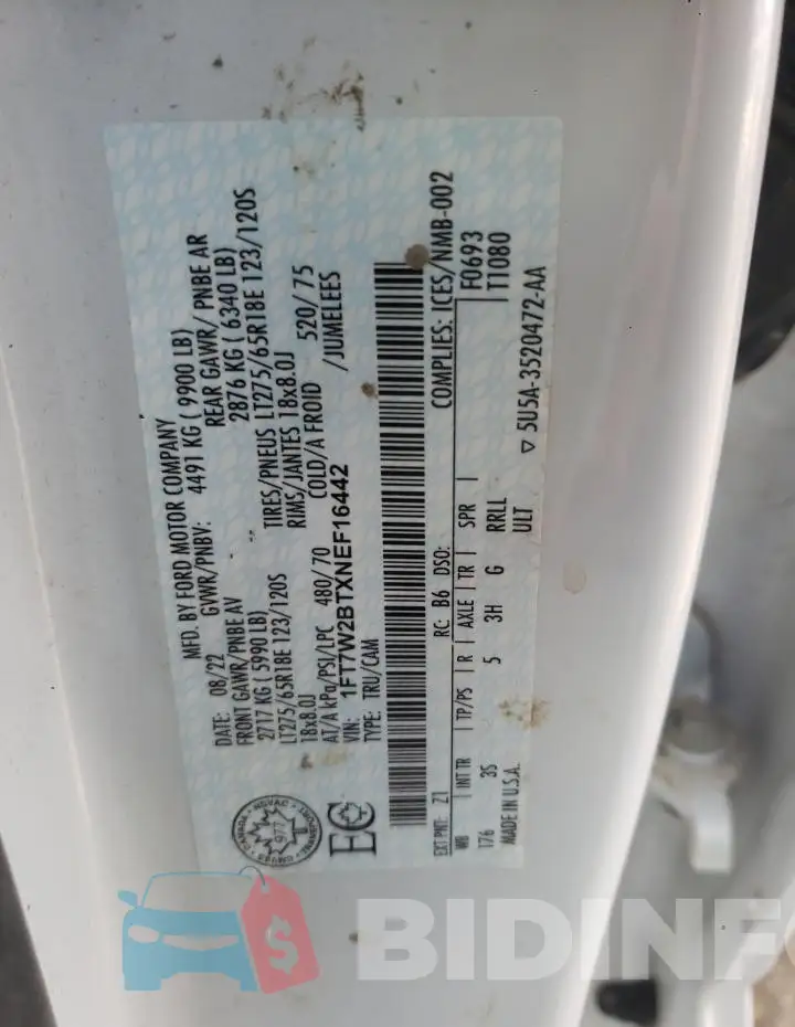 1FT7W2BTXNEF16442 Photo# 12