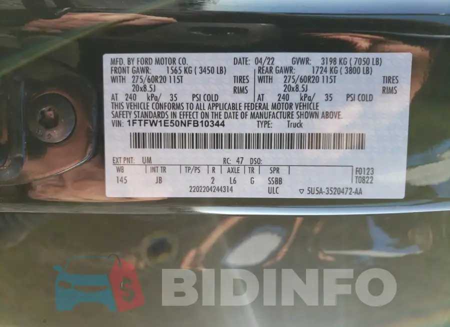 1FTFW1E50NFB10344 Photo# 13