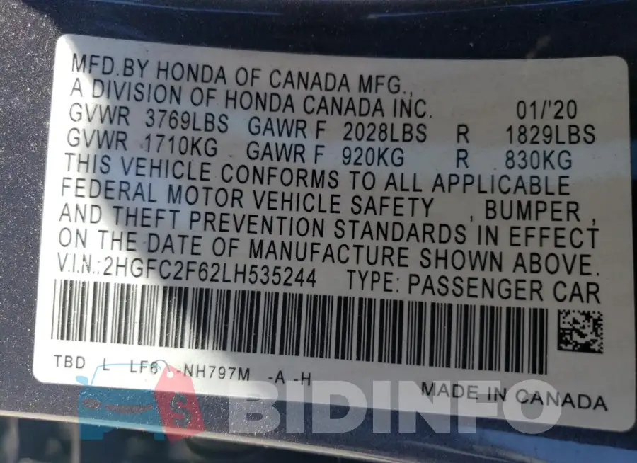 2HGFC2F62LH535244 Photo# 12
