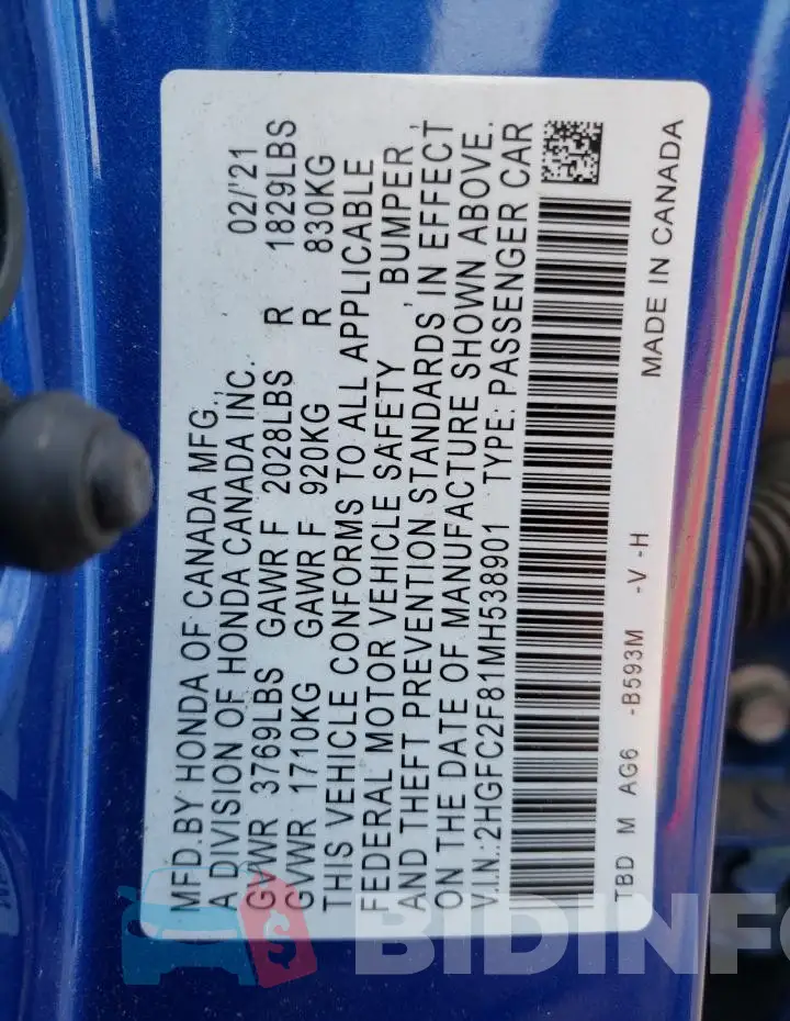 2HGFC2F81MH538901 Photo# 12