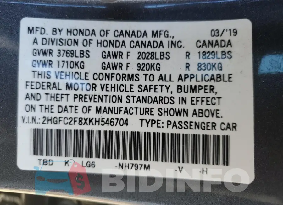 2HGFC2F8XKH546704 Photo# 12