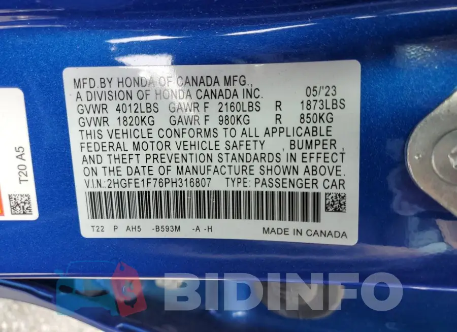 2HGFE1F76PH316807 Photo# 13