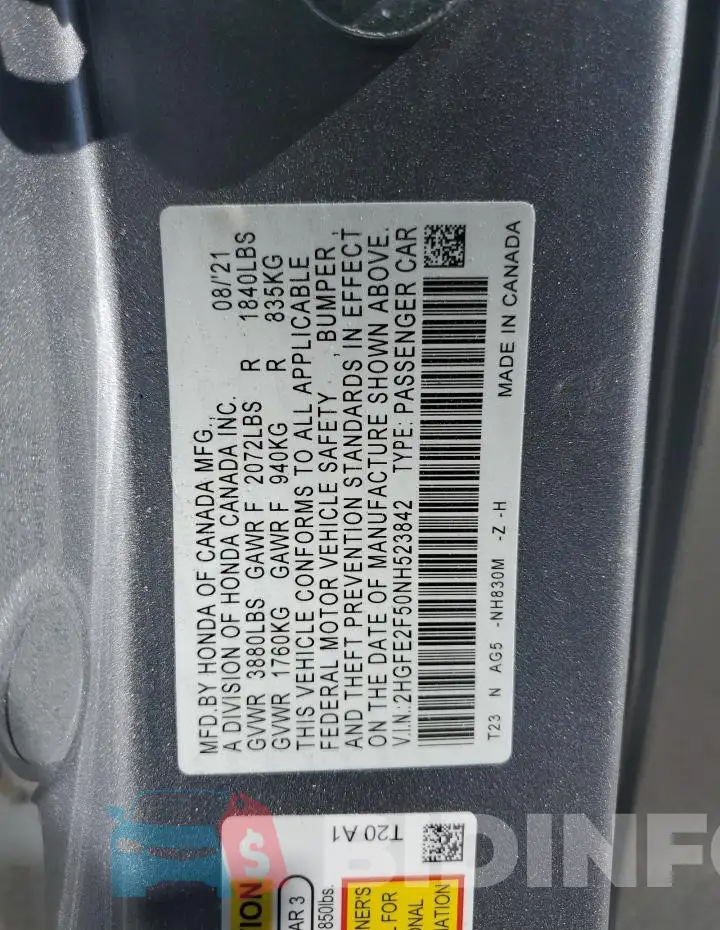 2HGFE2F50NH523842 Photo# 12
