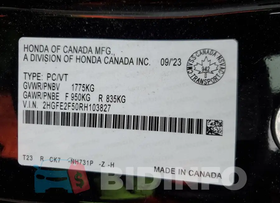 2HGFE2F50RH103827 Photo# 12