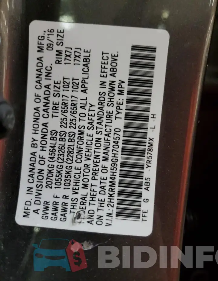 2HKRM4H59GH704570 Photo# 13