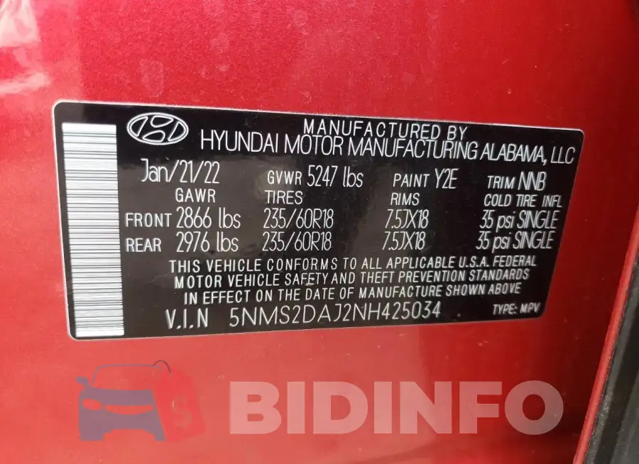 5NMS2DAJ2NH425034 Photo# 12