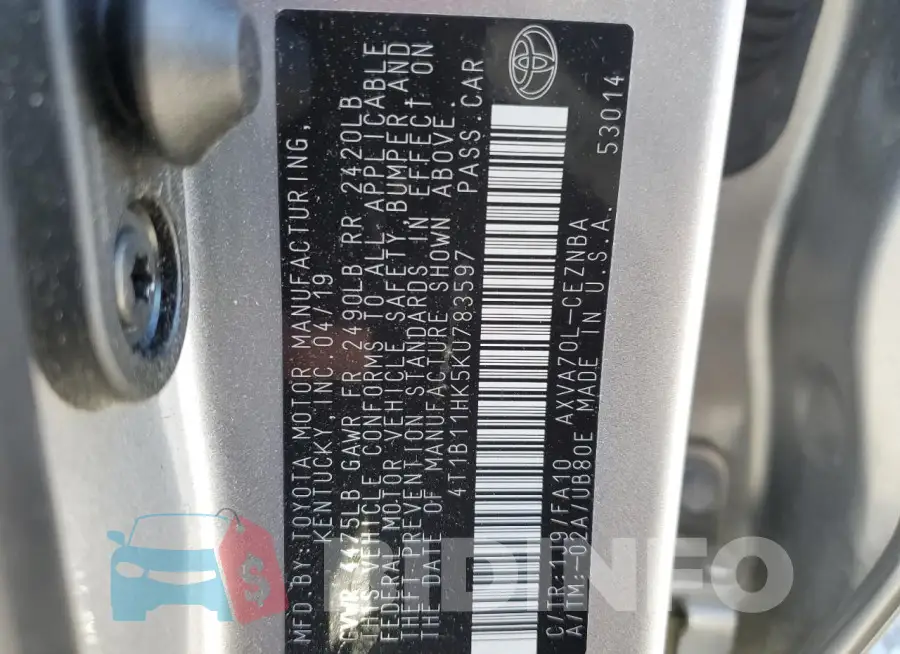 4T1B11HK5KU783597 Photo# 12