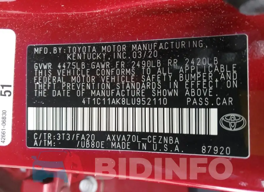 4T1C11AK8LU952110 Photo# 12