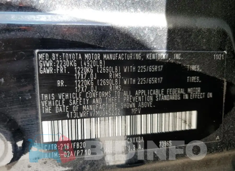 4T3LWRFV7MU045232 Photo# 14