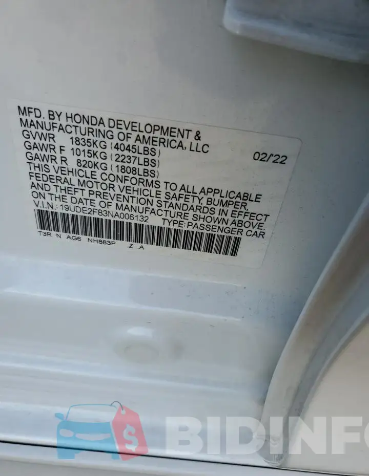 19UDE2F83NA006132 Photo# 12