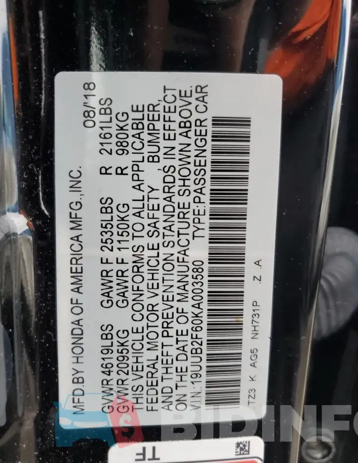 19UUB2F60KA003580 Photo# 12