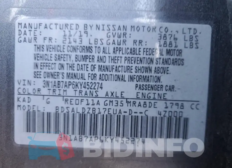 3N1AB7AP6KY452274 Photo# 12