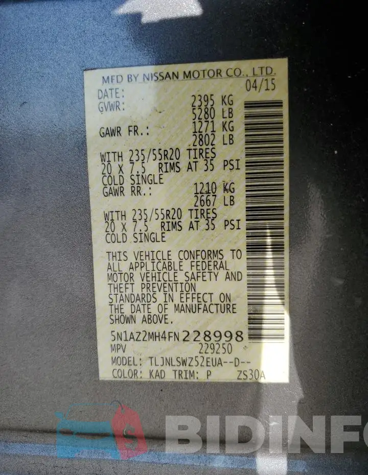 5N1AZ2MH4FN228998 Photo# 13