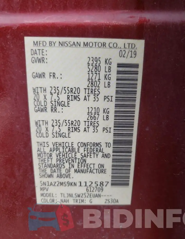5N1AZ2MS9KN112587 Photo# 13