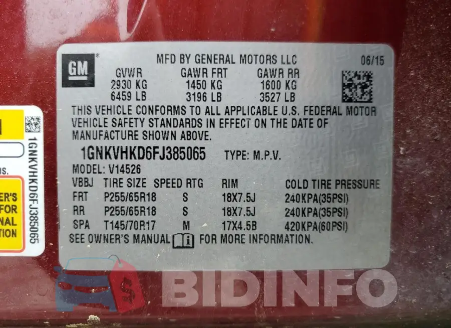 1GNKVHKD6FJ385065 Photo# 14