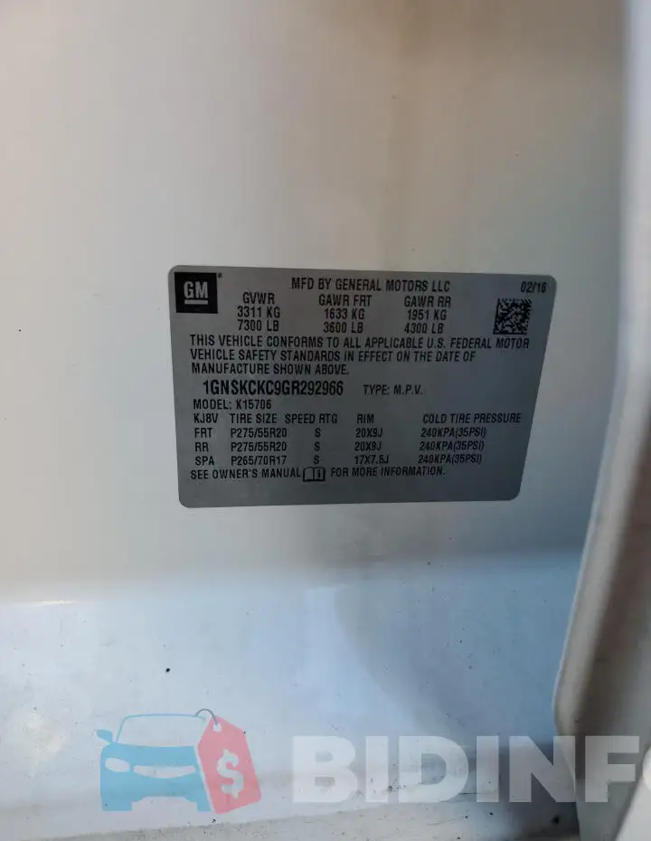 1GNSKCKC9GR292966 Photo# 13