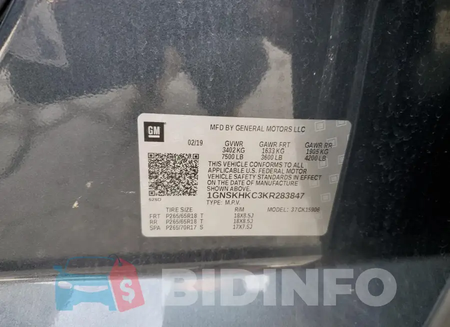 1GNSKHKC3KR283847 Photo# 13