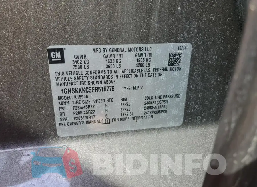 1GNSKKKC5FR516775 Photo# 13