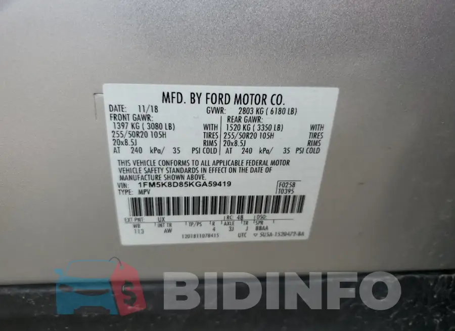1FM5K8D85KGA59419 Photo# 12