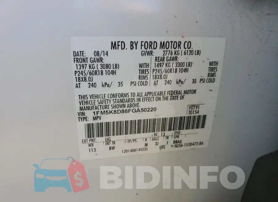 1FM5K8D86FGA50220 Photo# 13