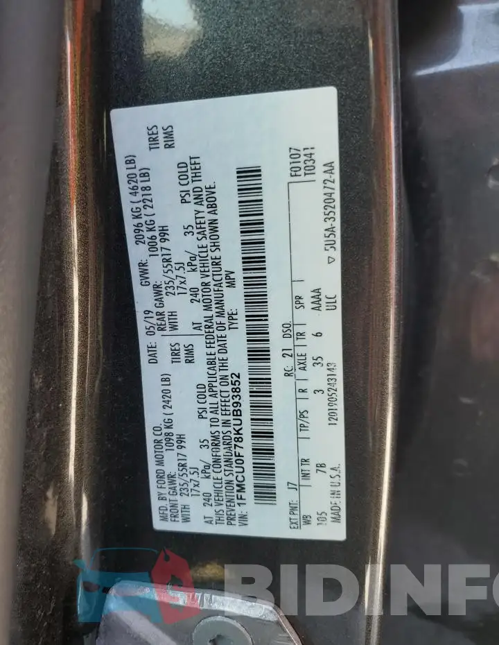 1FMCU0F78KUB93852 Photo# 13