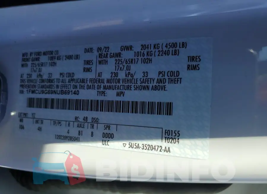 1FMCU9G69NUB69140 Photo# 12