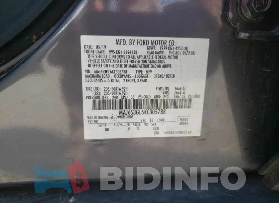 MAJ6S3GL6KC305788 Photo# 13