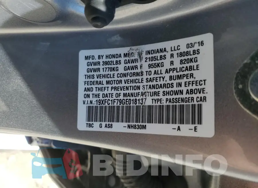 19XFC1F79GE018137 Photo# 12