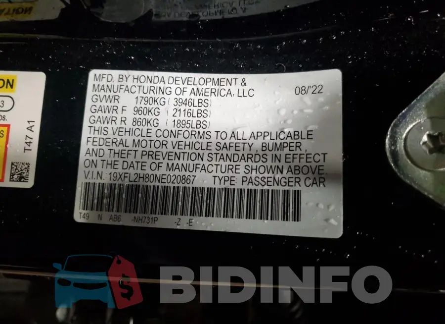 19XFL2H80NE020867 Photo# 13
