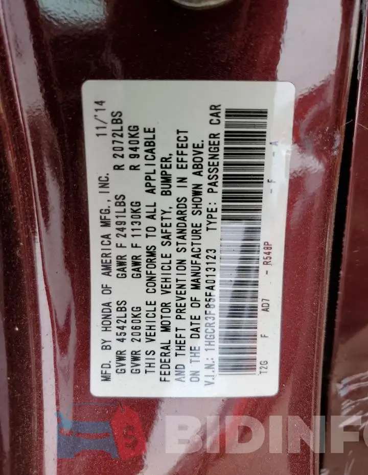 1HGCR3F85FA013123 Photo# 12