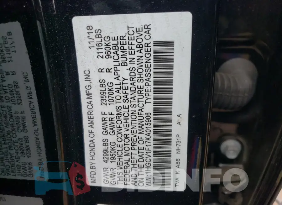1HGCV1F17KA015906 Photo# 12