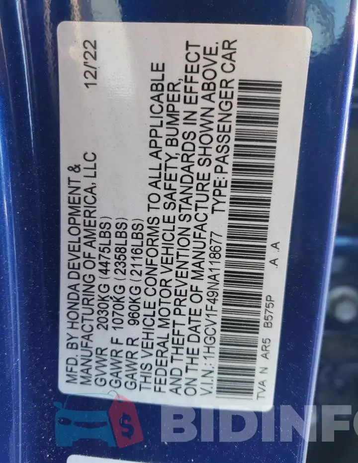 1HGCV1F49NA118677 Photo# 12