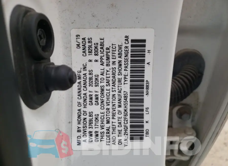 2HGFC2F60KH554857 Photo# 13
