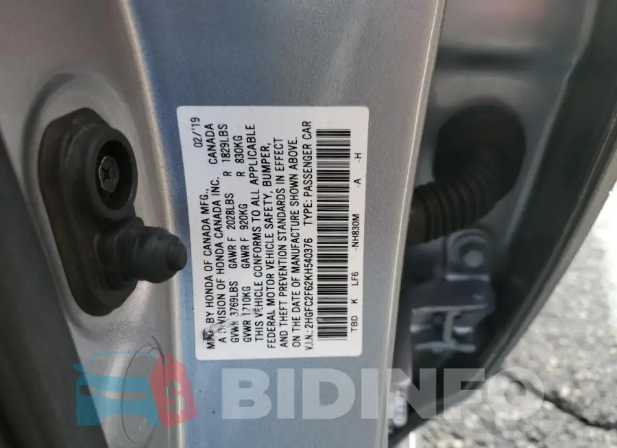 2HGFC2F62KH540376 Photo# 12