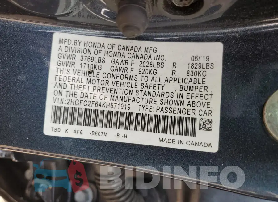 2HGFC2F64KH571919 Photo# 12