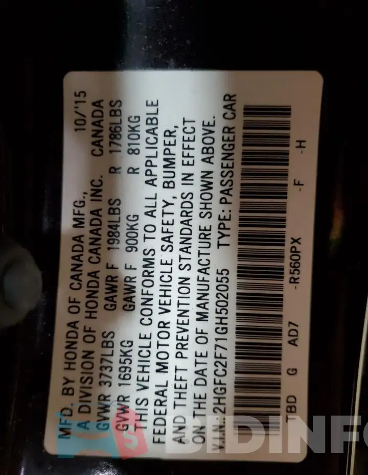 2HGFC2F71GH502055 Photo# 12