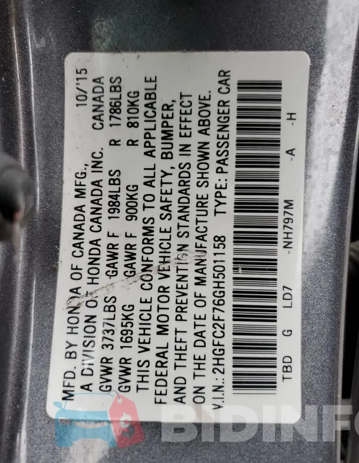 2HGFC2F76GH501158 Photo# 13