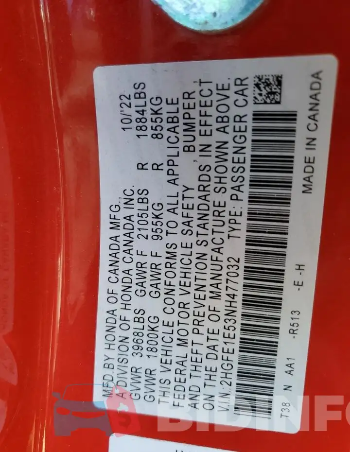 2HGFE1E53NH477032 Photo# 12