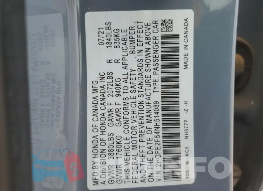 2HGFE2F54NH514089 Photo# 12