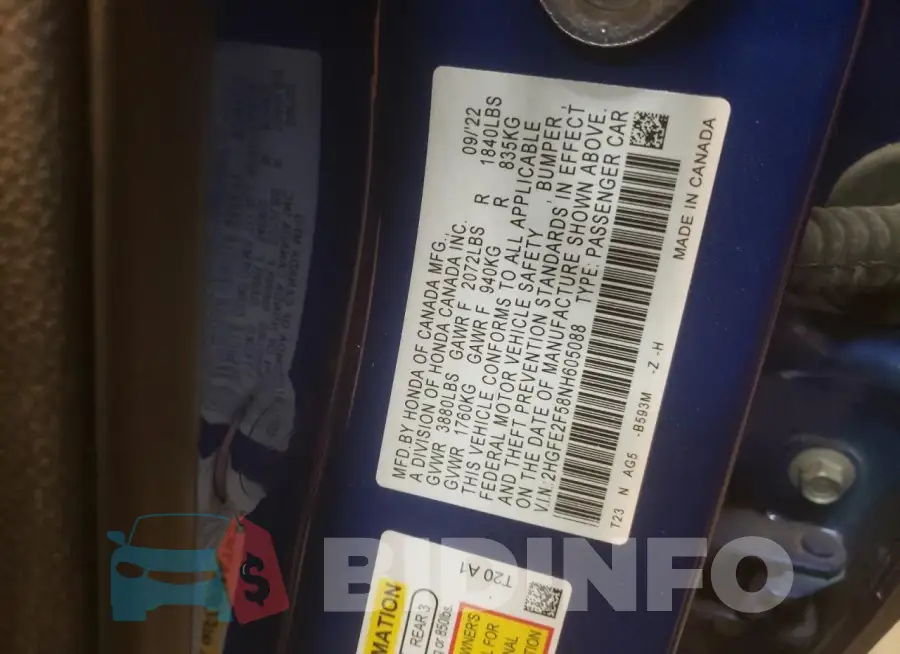 2HGFE2F58NH605088 Photo# 12
