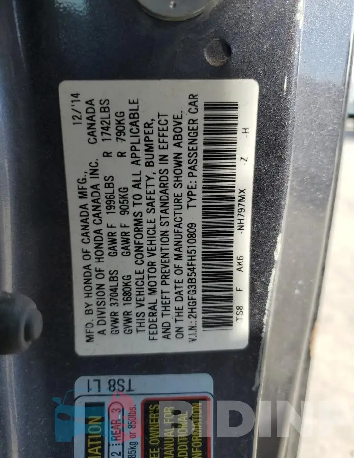 2HGFG3B54FH510809 Photo# 12