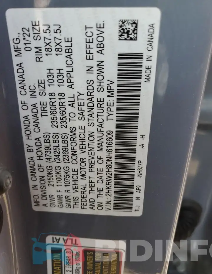 2HKRW2H80NH616609 Photo# 14