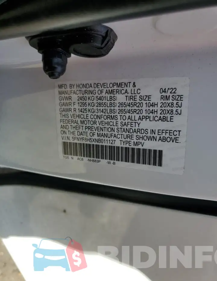 5FNYF8H5XNB011127 Photo# 13