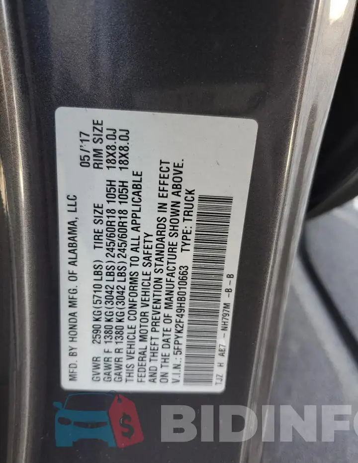 5FPYK2F49HB010663 Photo# 12