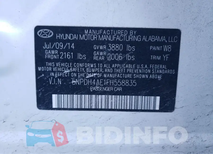 5NPDH4AE1FH558835 Photo# 12