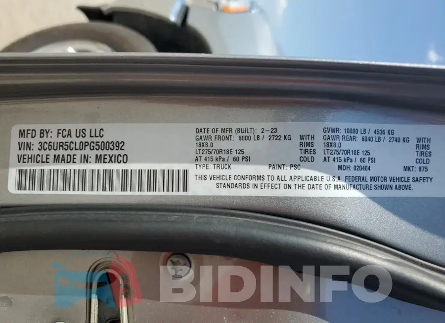 3C6UR5CL0PG500392 Photo# 12