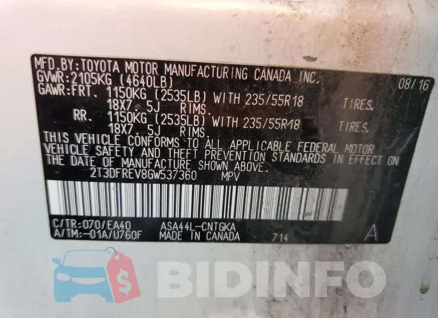 2T3DFREV8GW537360 Photo# 13