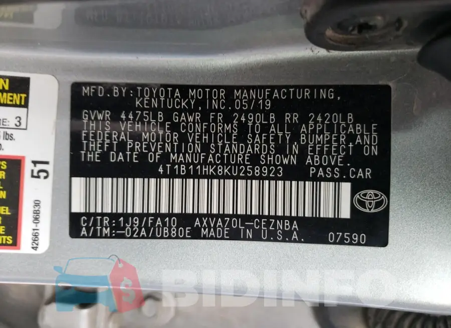 4T1B11HK8KU258923 Photo# 12