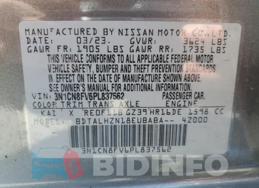 3N1CN8FV6PL837562 Photo# 12